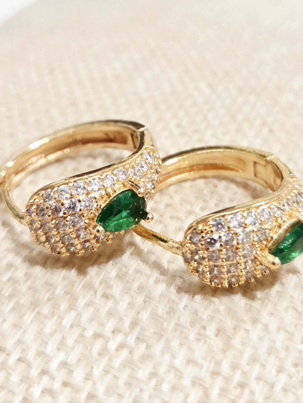 Gold Green Teardrop CZ Pavé Hoop Earrings